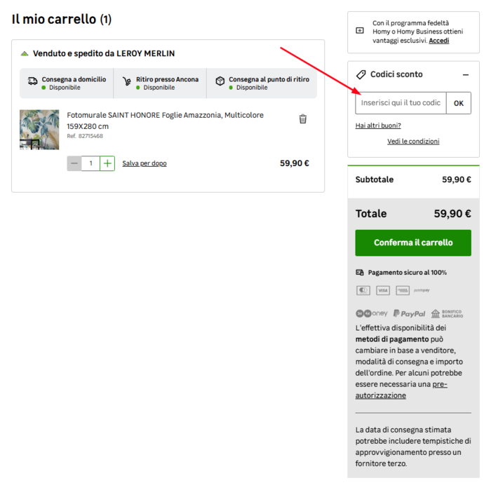 dove inserire un codice sconto Leroy Merlin online codice sconto Leroy Merlin online