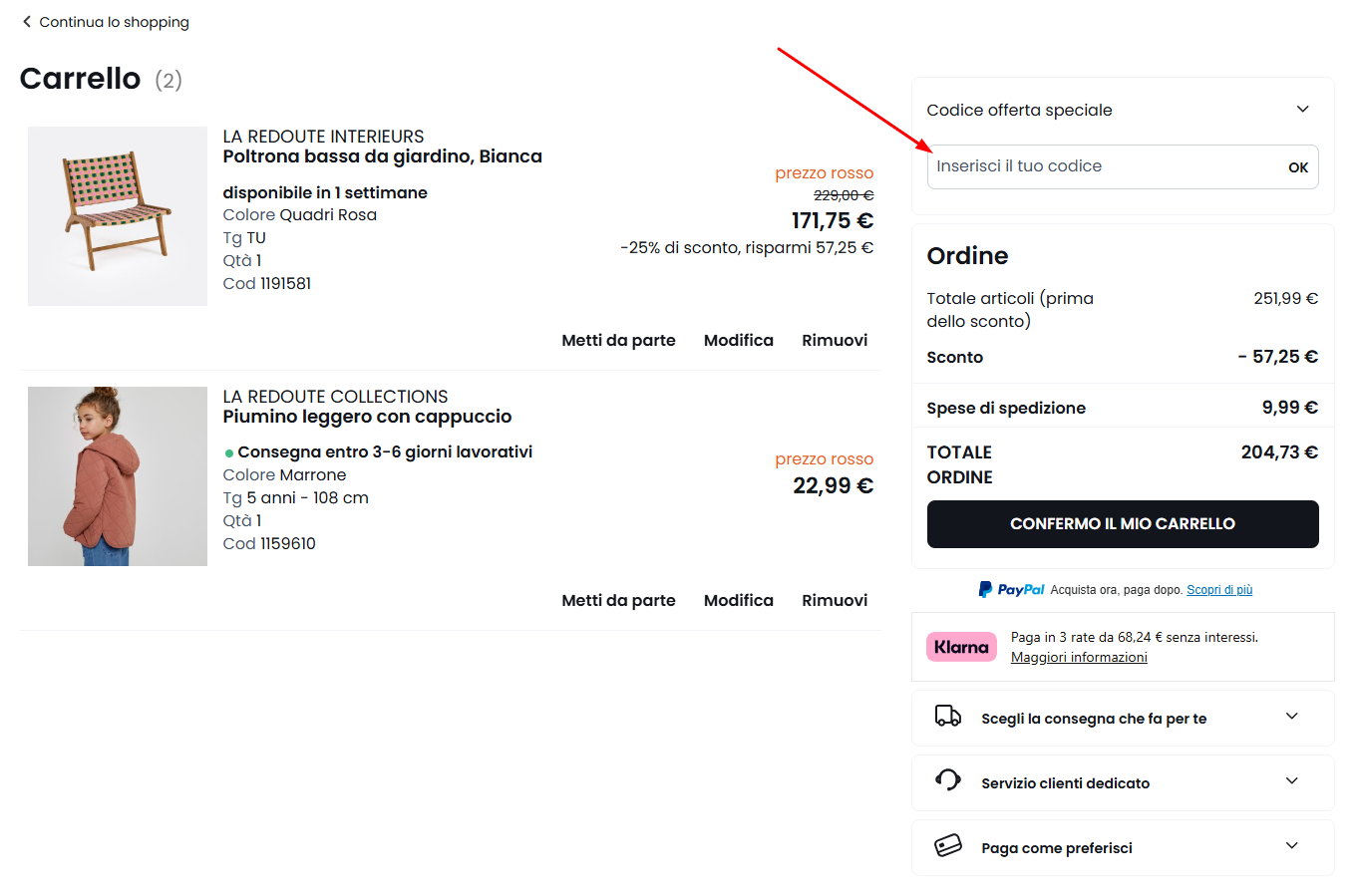 codice offerta La Redoute dove inserire il codice sconto La Redoute