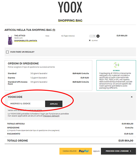 usare un codice sconto YOOX Dove inserire il codice sconto YOOX