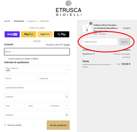 Dove inserire il codice sconto Etrusca Gioielli